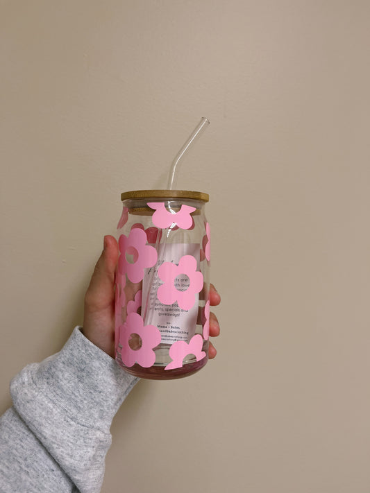 Pink Flower Cup 16oz Glass Cup with lid and straw